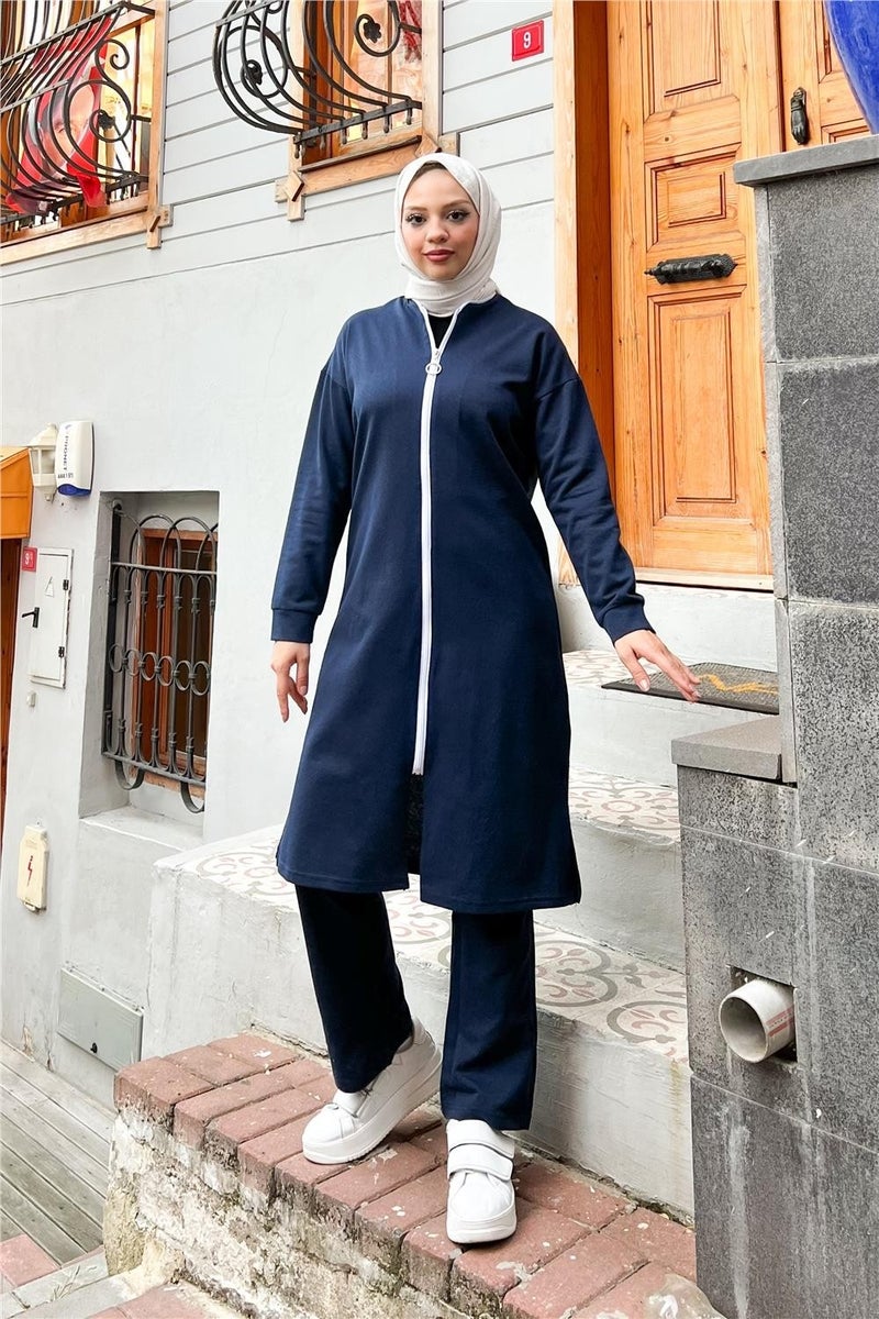 Sevda Zippered Long Plain Basic Coat Tracksuit Sportswear Set - 3044 - Navy Blue - Image 1