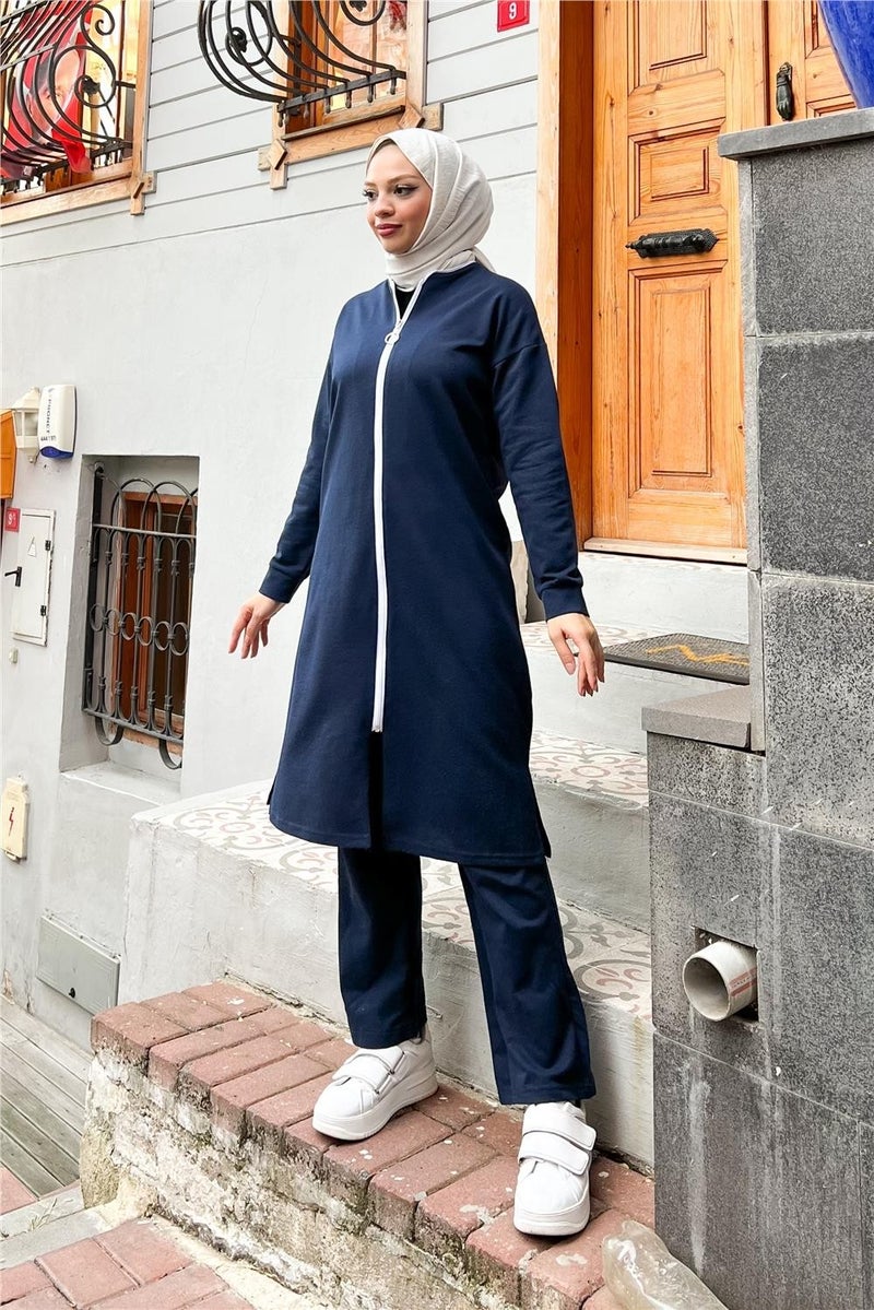 Sevda Zippered Long Plain Basic Coat Tracksuit Sportswear Set - 3044 - Navy Blue - Image 4