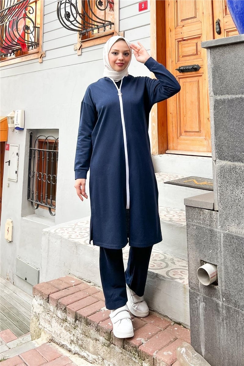 Sevda Zippered Long Plain Basic Coat Tracksuit Sportswear Set - 3044 - Navy Blue - Image 3