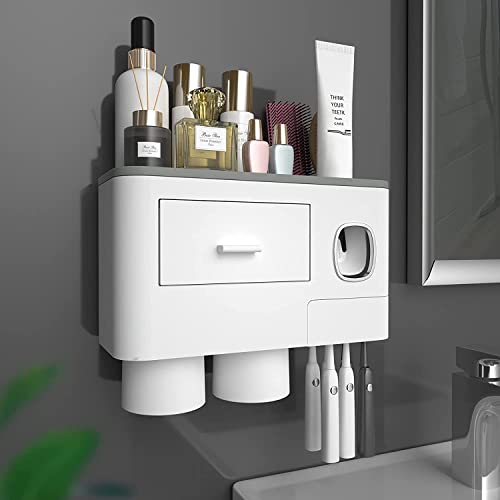 Supreme Mall Plastic (Label) Toothpaste Dispenser With Toothbrush Rack Squeezer Magnetic Toothbrush Cup Drawer Wall Mounted Toothbrush Holder, Grey - Image 1