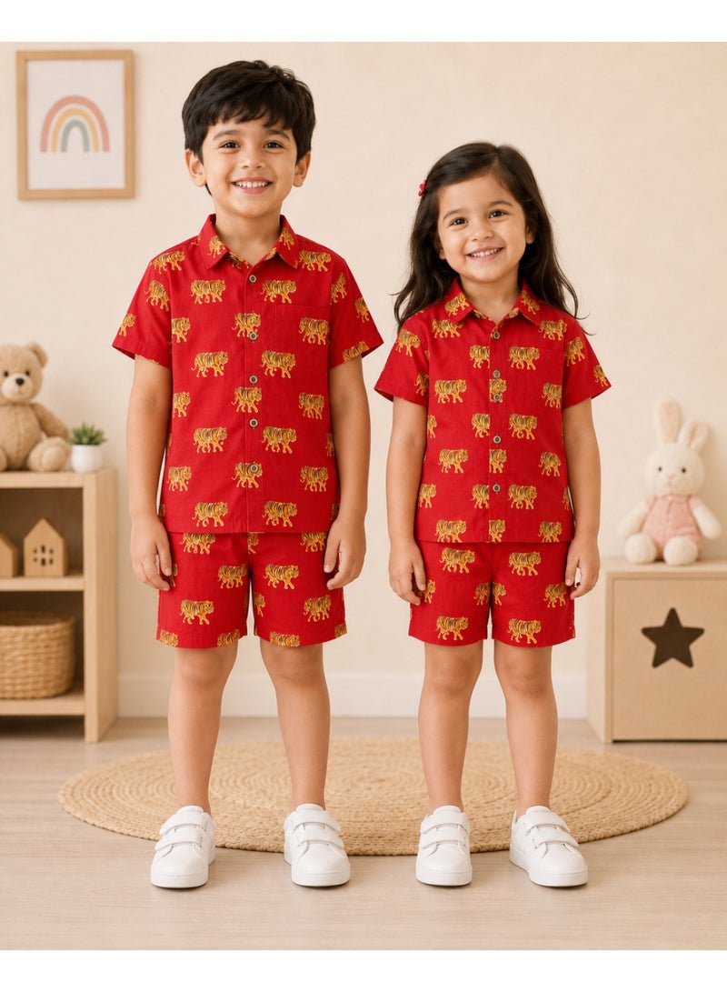 Matching Family Outfits Unisex Kids Crimson Tiger Print Short Sleeve Shirt and Shorts Co-ord Set, 2 Piece, Red - Image 1