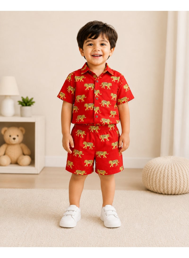 Matching Family Outfits Unisex Kids Crimson Tiger Print Short Sleeve Shirt and Shorts Co-ord Set, 2 Piece, Red - Image 3