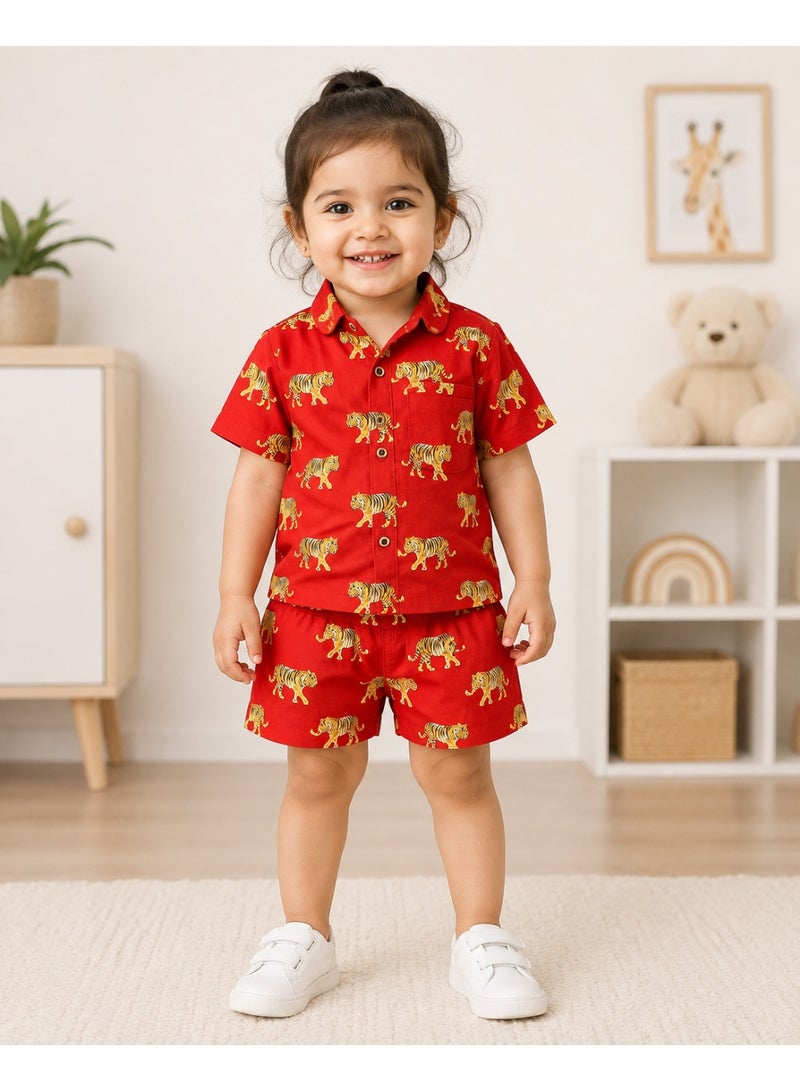 Matching Family Outfits Unisex Kids Crimson Tiger Print Short Sleeve Shirt and Shorts Co-ord Set, 2 Piece, Red - Image 4