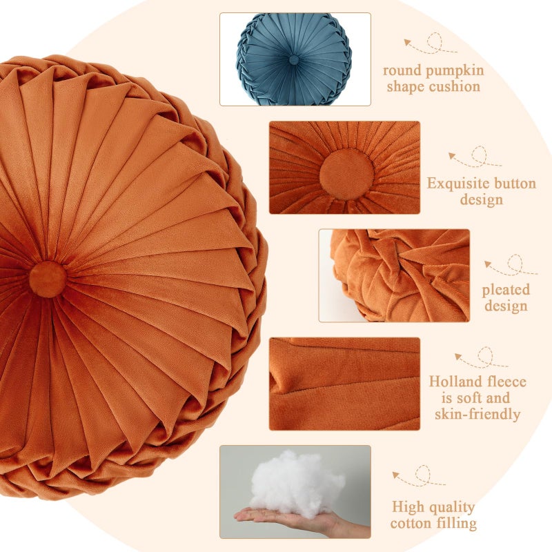 Drydiet Round Throw Pillows Decorative Pleated Throw Pillows 15'' Diameter Accent Pumpkin Boho Chair Cushion for Couch Sofa Home Decoration(Yellow, Brown, Blue,3 Pcs) - Image 3