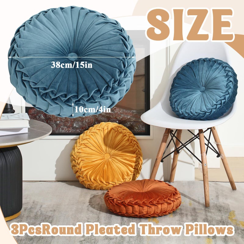 Drydiet Round Throw Pillows Decorative Pleated Throw Pillows 15'' Diameter Accent Pumpkin Boho Chair Cushion for Couch Sofa Home Decoration(Yellow, Brown, Blue,3 Pcs) - Image 2