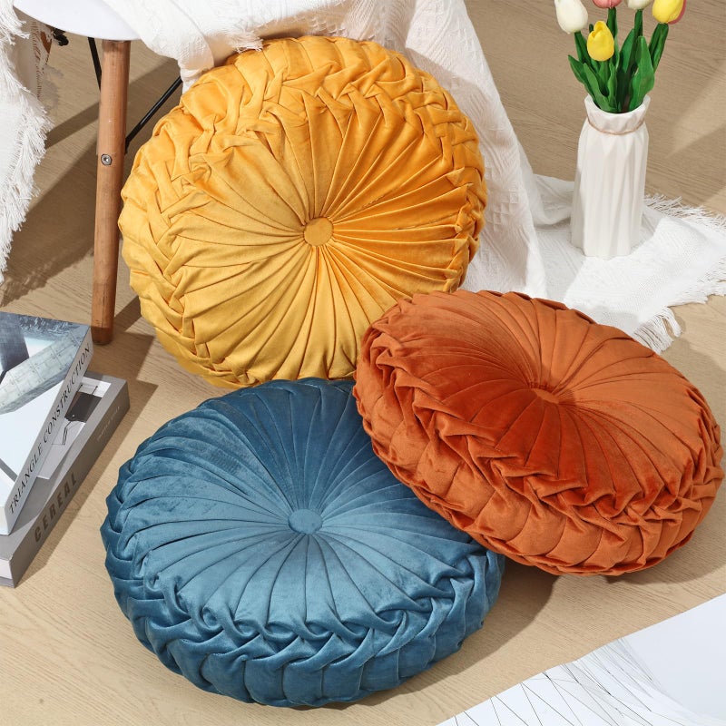 Drydiet Round Throw Pillows Decorative Pleated Throw Pillows 15'' Diameter Accent Pumpkin Boho Chair Cushion for Couch Sofa Home Decoration(Yellow, Brown, Blue,3 Pcs) - Image 4