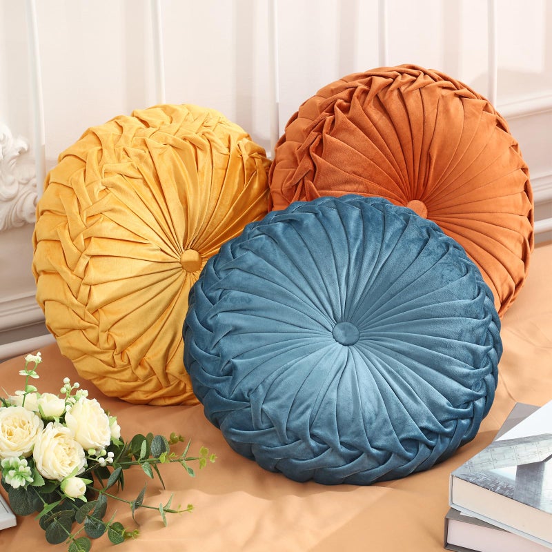 Drydiet Round Throw Pillows Decorative Pleated Throw Pillows 15'' Diameter Accent Pumpkin Boho Chair Cushion for Couch Sofa Home Decoration(Yellow, Brown, Blue,3 Pcs) - Image 1