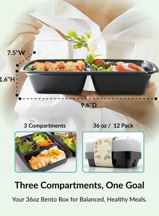Enther Meal Prep Containers Food Storage Bento Box with Souffle Cups BPA Free/Reusable/Stackable, Microwave/Freezer/Dishwasher Safe, Portion Control Black (36 oz) B079QKJ6CQ - Image 2