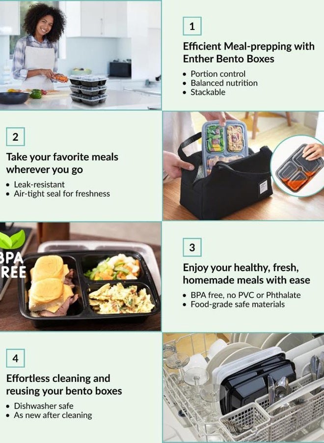 Enther Meal Prep Containers Food Storage Bento Box with Souffle Cups BPA Free/Reusable/Stackable, Microwave/Freezer/Dishwasher Safe, Portion Control Black (36 oz) B079QKJ6CQ - Image 5
