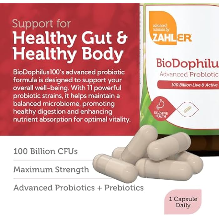 Zahler BioDophilus100-100 Billion Probiotic - 100 Billion CFU 11-Strain Gut Health Probiotic Supplement - Prebiotics/Probiotics for Digestive Health, Probiotics for Women and Men. (30 Ct) - Image 4