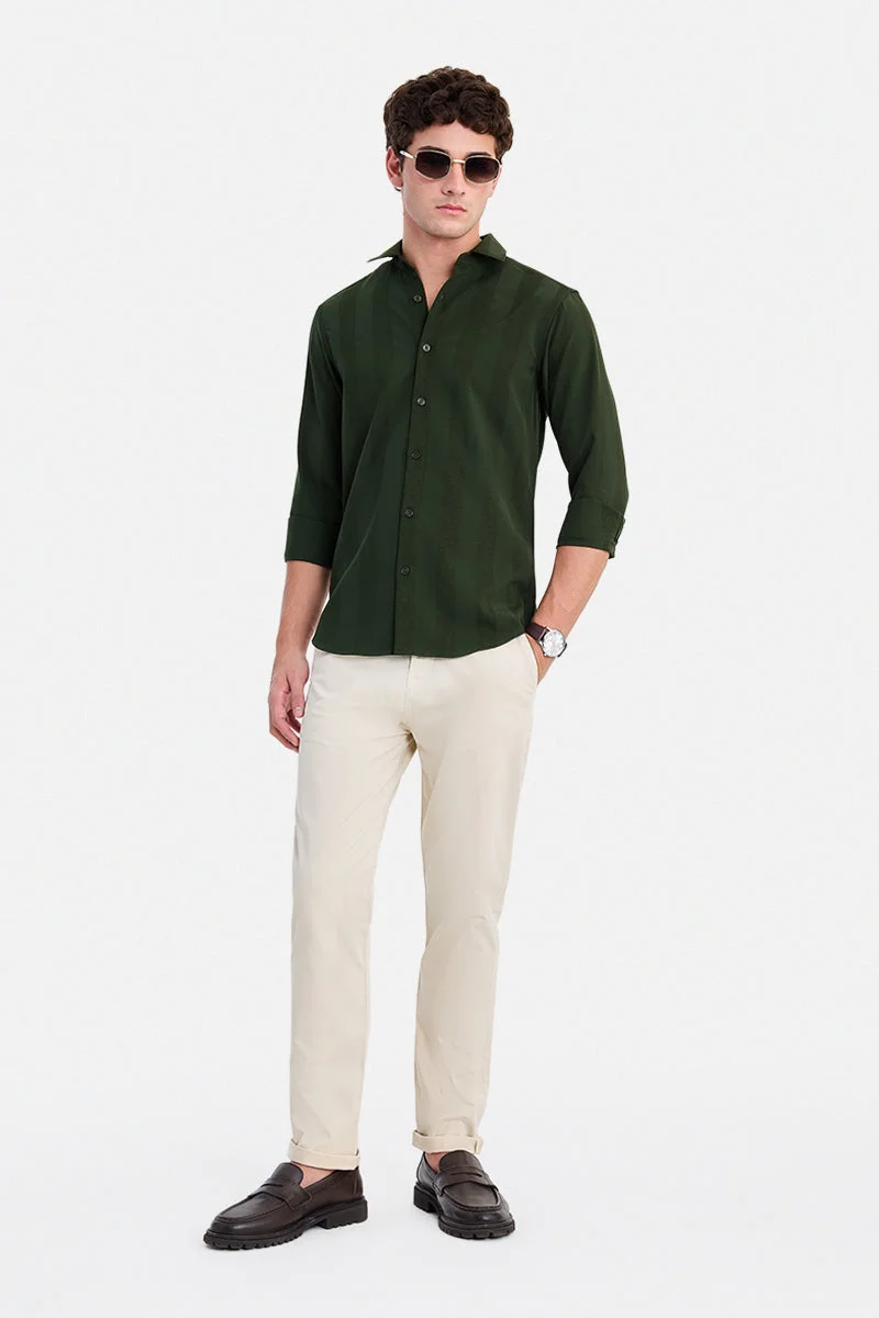 سنيتش Dark Green Textured Long Sleeve Slim Fit Shirt