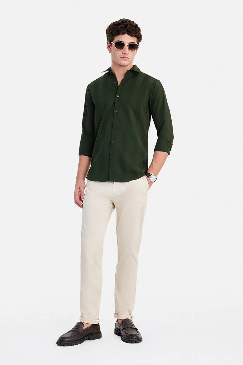 سنيتش Dark Green Textured Long Sleeve Slim Fit Shirt