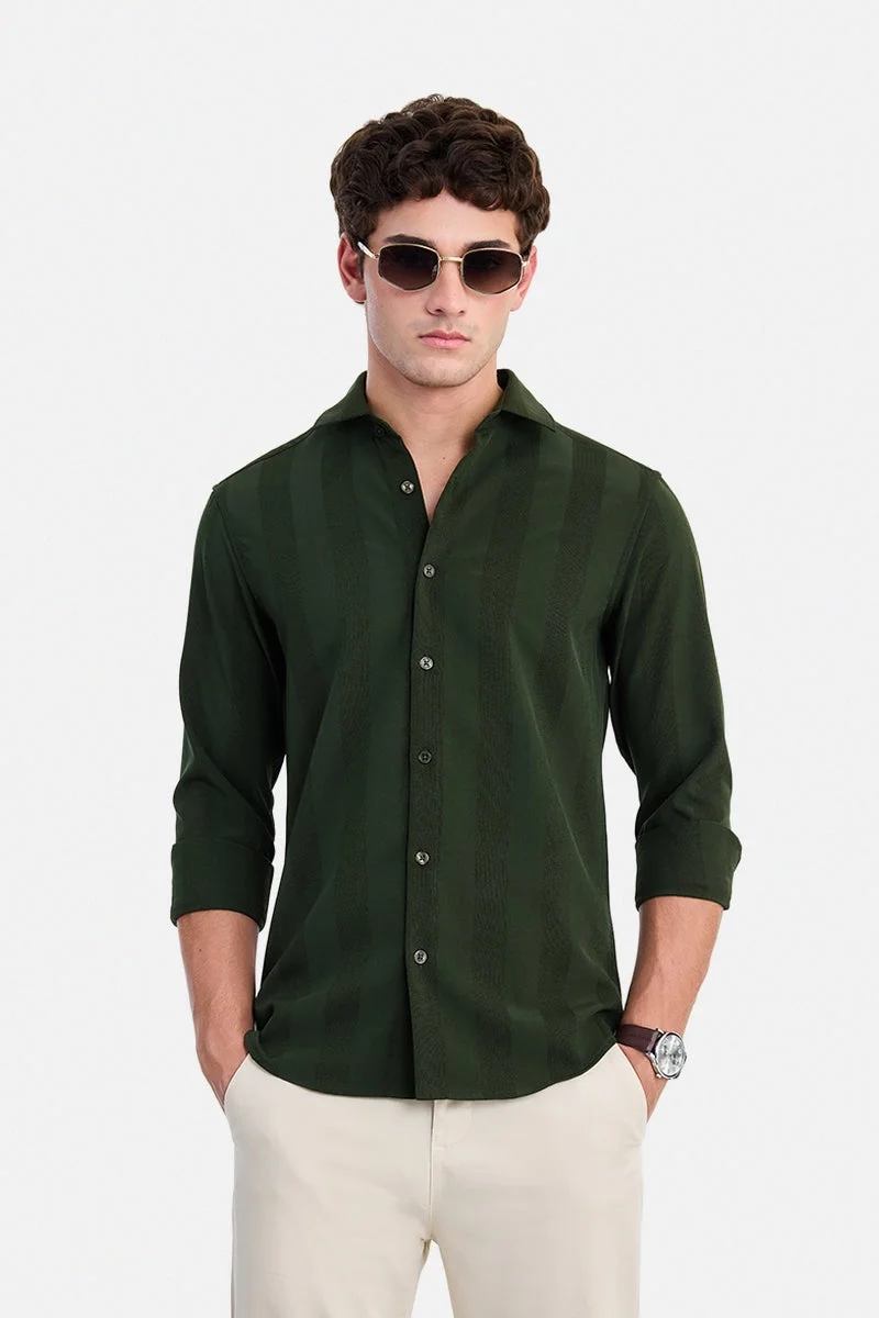 سنيتش Dark Green Textured Long Sleeve Slim Fit Shirt