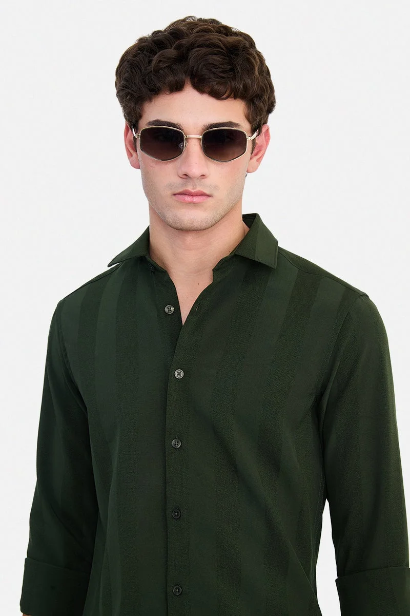 سنيتش Dark Green Textured Long Sleeve Slim Fit Shirt