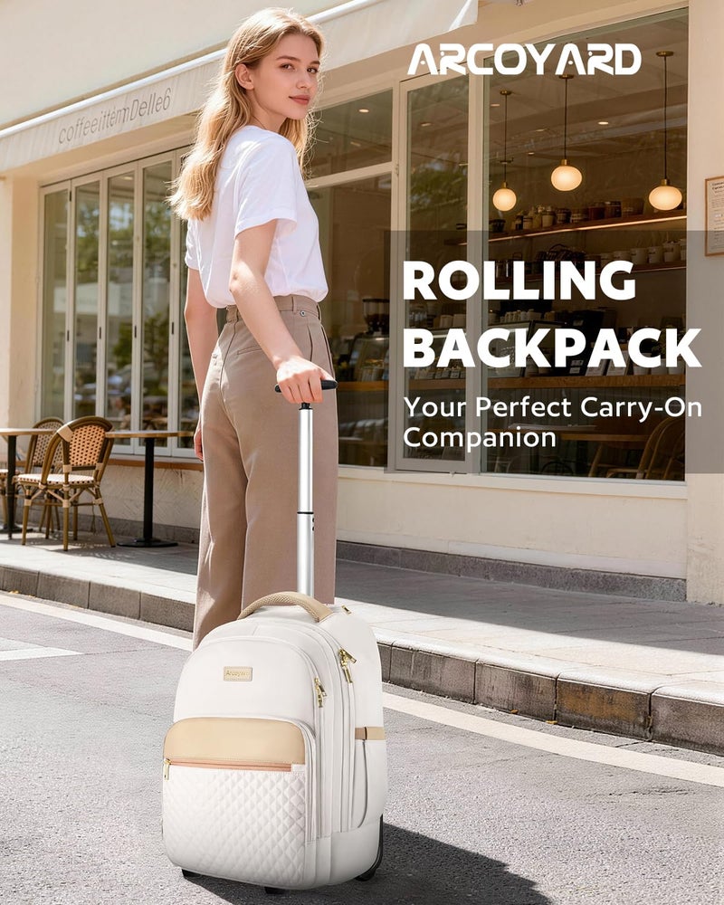 Arcoyard Rolling Backpack For Adults With Wheels, 40L Wheeled Backpack For Women, Travel Roller Backpacks, Carry On Luggage, Rolling Bag, Beige - Image 2