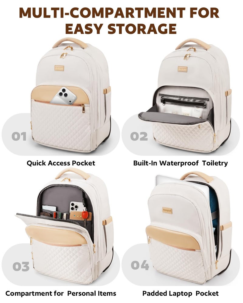 Arcoyard Rolling Backpack For Adults With Wheels, 40L Wheeled Backpack For Women, Travel Roller Backpacks, Carry On Luggage, Rolling Bag, Beige - Image 3