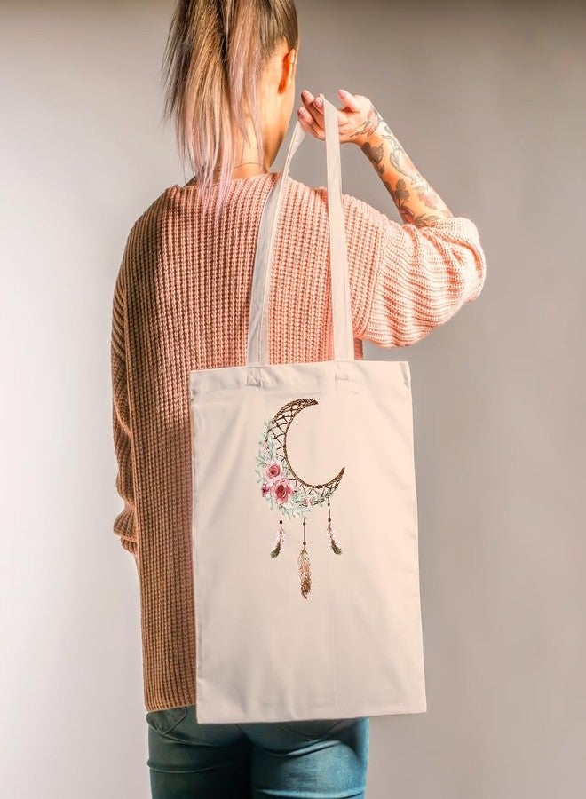Roundsun Pack of 2 Boho Moon Dream Catcher Canvas Tote Bag Floral Feather Print Shoulder Bag in Black and Natural | Magnet Button Closure No Inner Pocket - Image 2