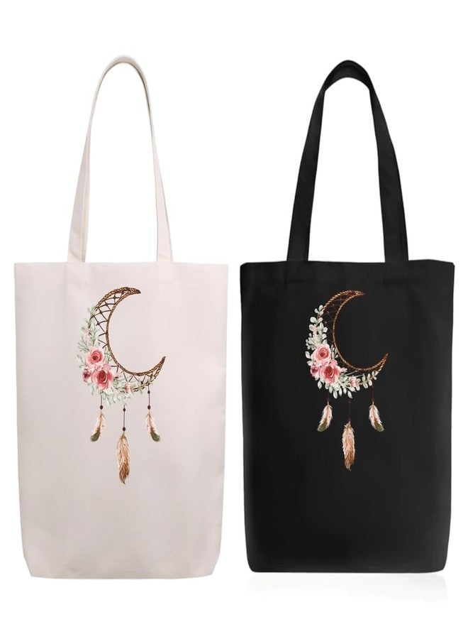 Roundsun Pack of 2 Boho Moon Dream Catcher Canvas Tote Bag Floral Feather Print Shoulder Bag in Black and Natural | Magnet Button Closure No Inner Pocket - Image 1