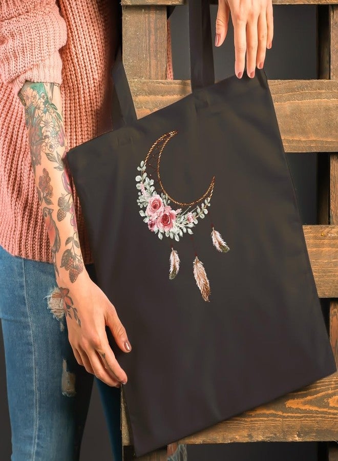 Roundsun Pack of 2 Boho Moon Dream Catcher Canvas Tote Bag Floral Feather Print Shoulder Bag in Black and Natural | Magnet Button Closure No Inner Pocket - Image 4