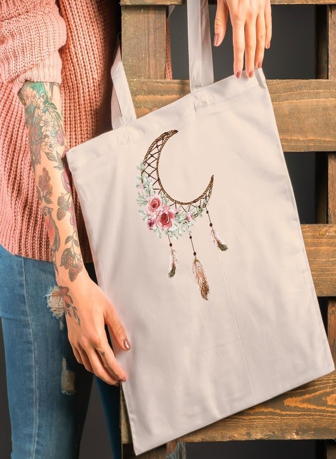 Roundsun Pack of 2 Boho Moon Dream Catcher Canvas Tote Bag Floral Feather Print Shoulder Bag in Black and Natural | Magnet Button Closure No Inner Pocket - Image 5