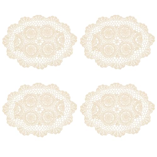kilofly Crochet Cotton Lace Placemats Doilies 4pc, Oval, Beige, 11.8 x 17.7 inch - Image 1