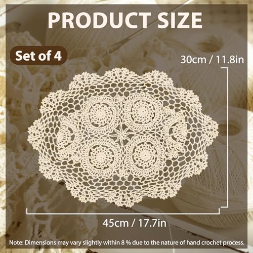 kilofly Crochet Cotton Lace Placemats Doilies 4pc, Oval, Beige, 11.8 x 17.7 inch - Image 3