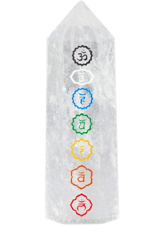 rockcloud Rockcloud Rock Quartz with 7 Chakra Symbol Healing Crystal Point Faceted Prism Wand Carved Reiki Stone Figurine 