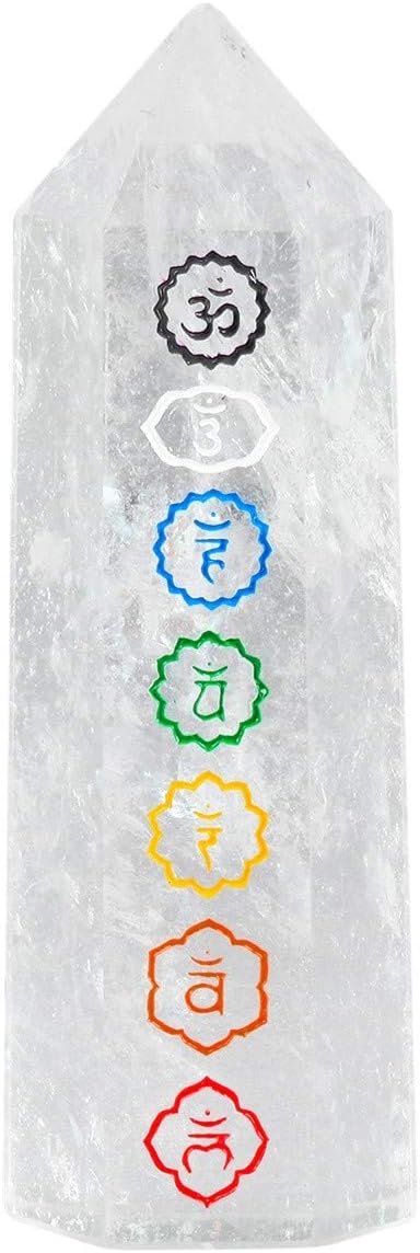 Rockcloud Rock Quartz with 7 Chakra Symbol Healing Crystal Point Faceted Prism Wand Carved Reiki Stone Figurine