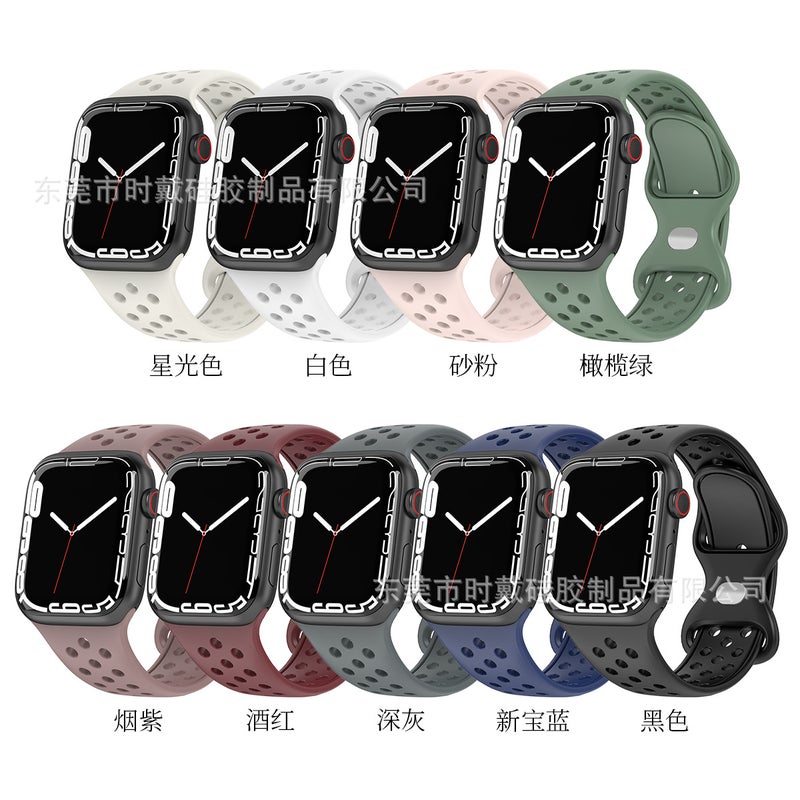 Suitable for Apple Watch Strap Apple Watchs8/7/6/5/Se Pure Color Silicon Hole Eight-Character Buckle iWatch Strap - Image 3