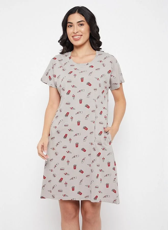 كلوفيا Clovia Print Me Pretty Short Night Dress in Grey - Cotton Rich