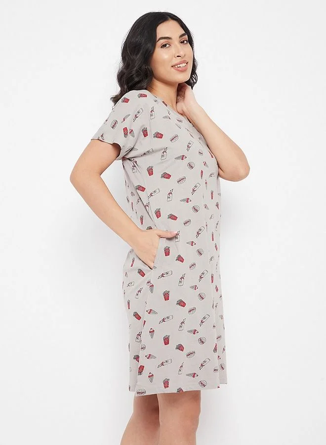 Clovia  Clovia Print Me Pretty Short Night Dress in Grey - Cotton Rich for Women | Best Price UAE