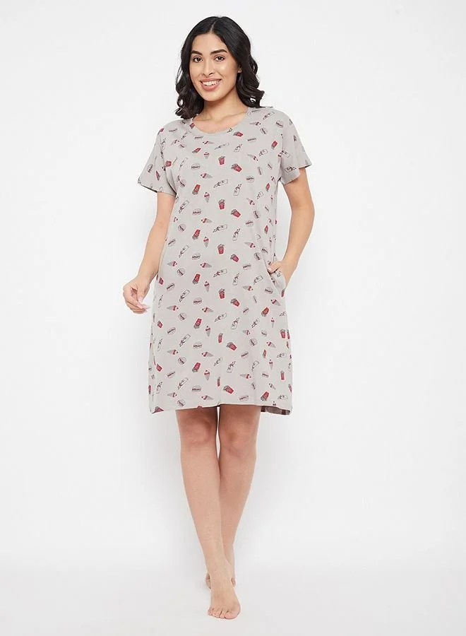 كلوفيا Clovia Print Me Pretty Short Night Dress in Grey - Cotton Rich