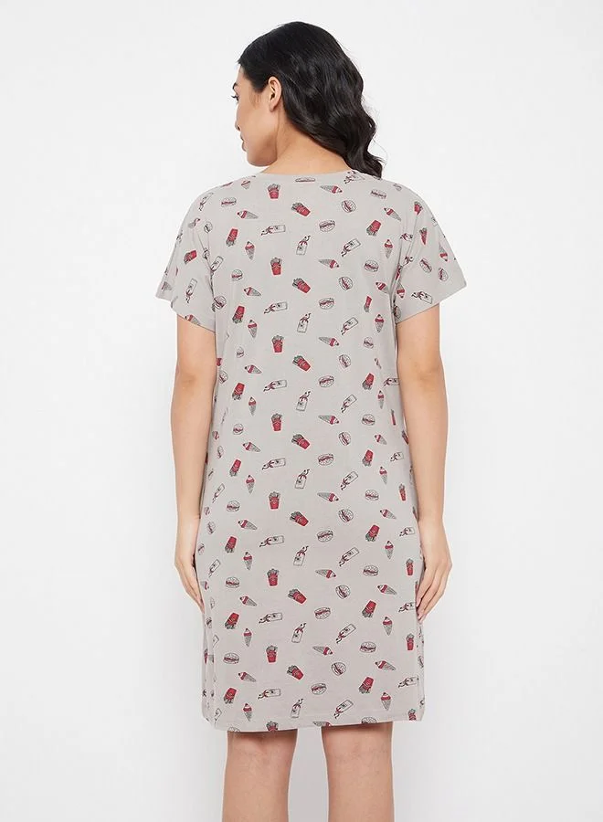 Clovia  Clovia Print Me Pretty Short Night Dress in Grey - Cotton Rich for Women | Best Price UAE