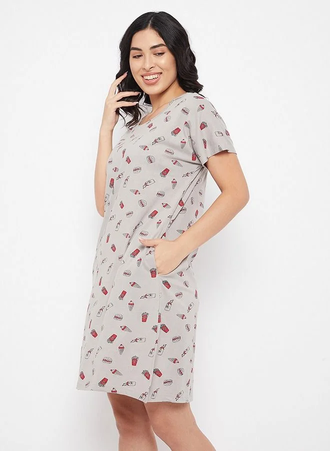 Clovia  Clovia Print Me Pretty Short Night Dress in Grey - Cotton Rich for Women | Best Price UAE