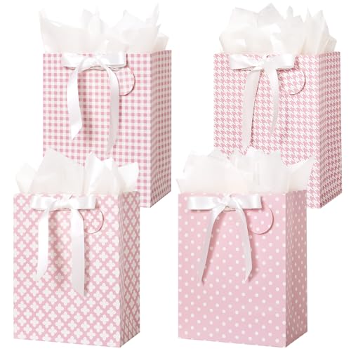 Crisky Pink Gift Bags Medium Size with Handles, Tissue Paper & Ribbon - 4 Pack 9"- Medium Gift Bags for Women Birthday Christmas Wedding Bridal Shower Graduation & New Year Gifts - Image 1