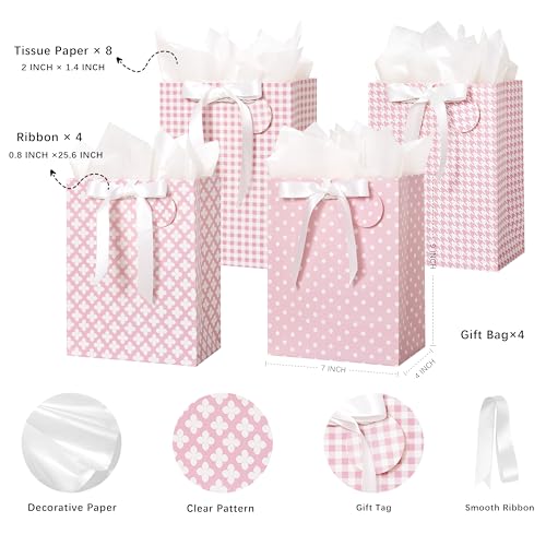 Crisky Pink Gift Bags Medium Size with Handles, Tissue Paper & Ribbon - 4 Pack 9"- Medium Gift Bags for Women Birthday Christmas Wedding Bridal Shower Graduation & New Year Gifts - Image 2