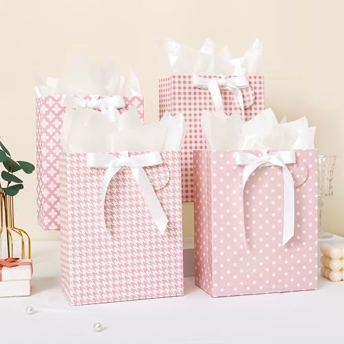 Crisky Pink Gift Bags Medium Size with Handles, Tissue Paper & Ribbon - 4 Pack 9"- Medium Gift Bags for Women Birthday Christmas Wedding Bridal Shower Graduation & New Year Gifts - Image 5