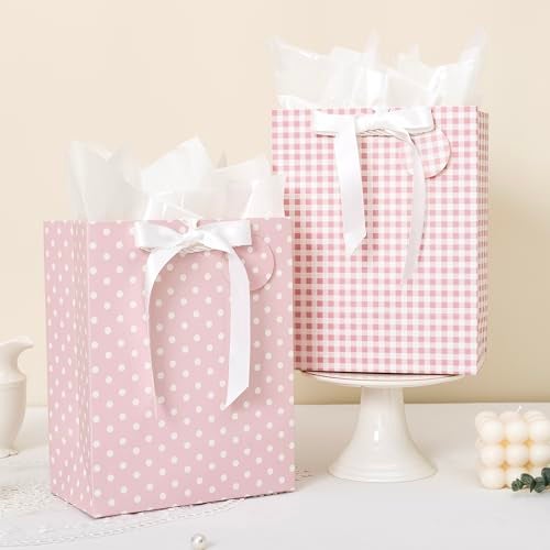Crisky Pink Gift Bags Medium Size with Handles, Tissue Paper & Ribbon - 4 Pack 9"- Medium Gift Bags for Women Birthday Christmas Wedding Bridal Shower Graduation & New Year Gifts - Image 4