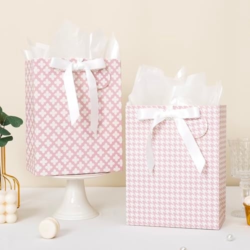 Crisky Pink Gift Bags Medium Size with Handles, Tissue Paper & Ribbon - 4 Pack 9"- Medium Gift Bags for Women Birthday Christmas Wedding Bridal Shower Graduation & New Year Gifts - Image 3