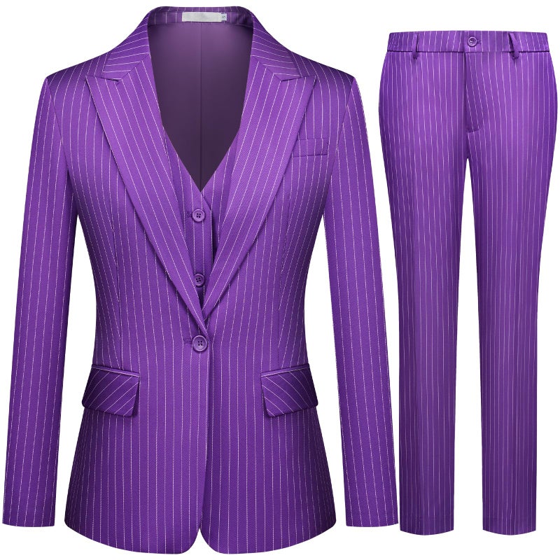 Kelyaa Women's 3 Piece Striped Suit Peak Lapel One Button Slim Fit Business Work Professional Blazer Jacket Vest Pants Set Purple - Image 1