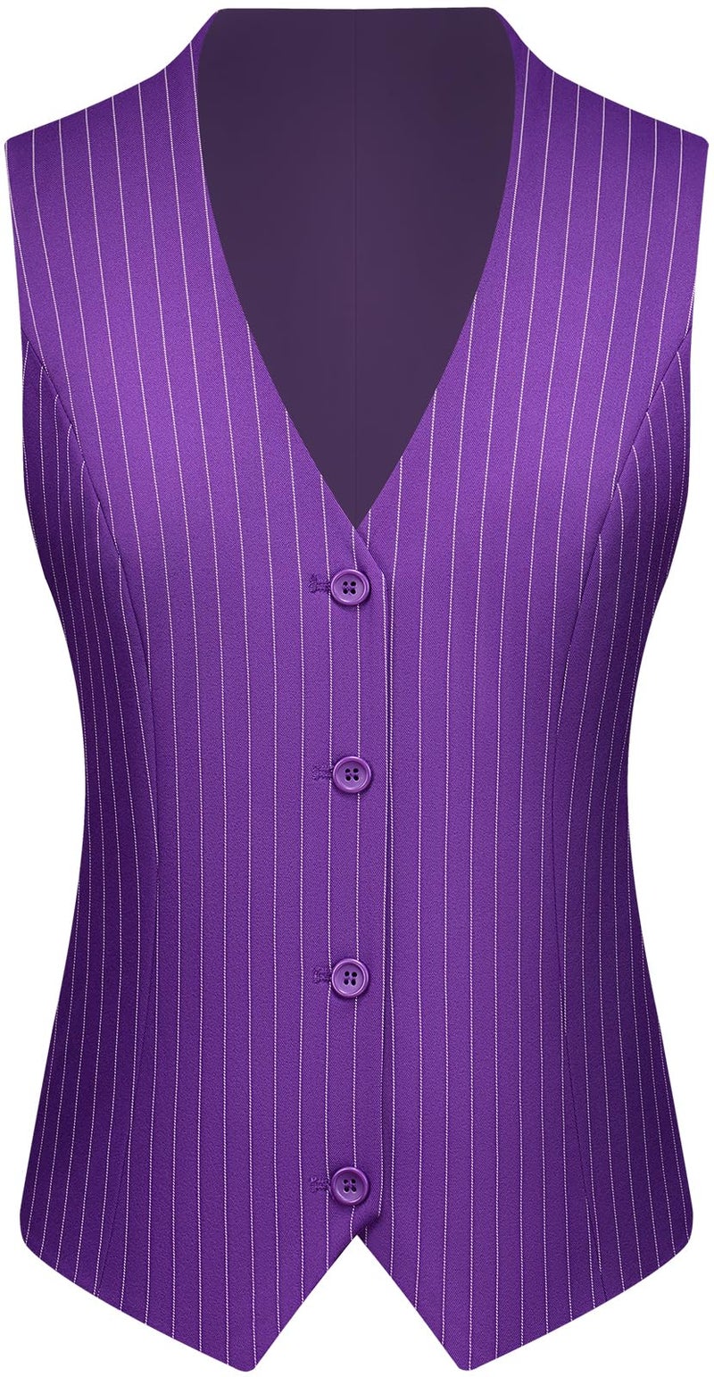 Kelyaa Women's 3 Piece Striped Suit Peak Lapel One Button Slim Fit Business Work Professional Blazer Jacket Vest Pants Set Purple - Image 2