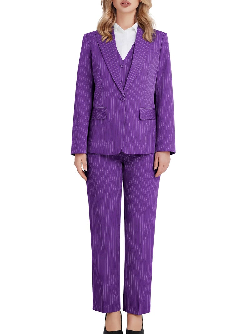 Kelyaa Women's 3 Piece Striped Suit Peak Lapel One Button Slim Fit Business Work Professional Blazer Jacket Vest Pants Set Purple - Image 4