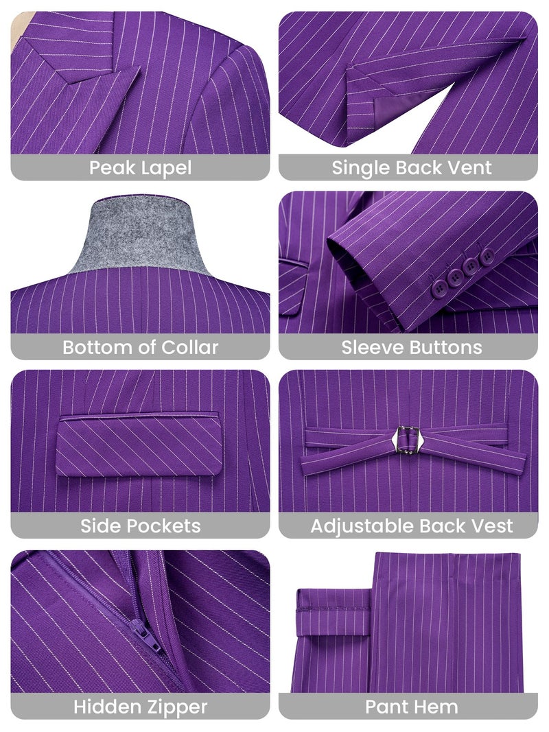 Kelyaa Women's 3 Piece Striped Suit Peak Lapel One Button Slim Fit Business Work Professional Blazer Jacket Vest Pants Set Purple - Image 3