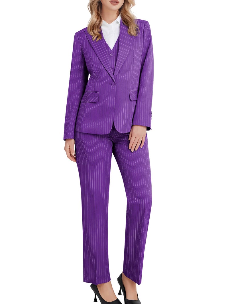 Kelyaa Women's 3 Piece Striped Suit Peak Lapel One Button Slim Fit Business Work Professional Blazer Jacket Vest Pants Set Purple - Image 5