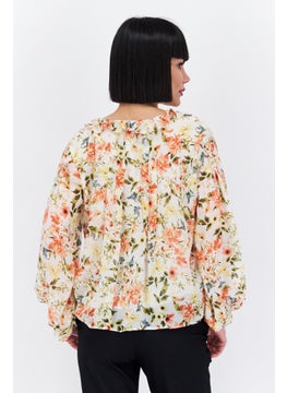 1 State Women V-Neck Long Sleeve Floral Print Blouse, Ivory Combo  - Image 3