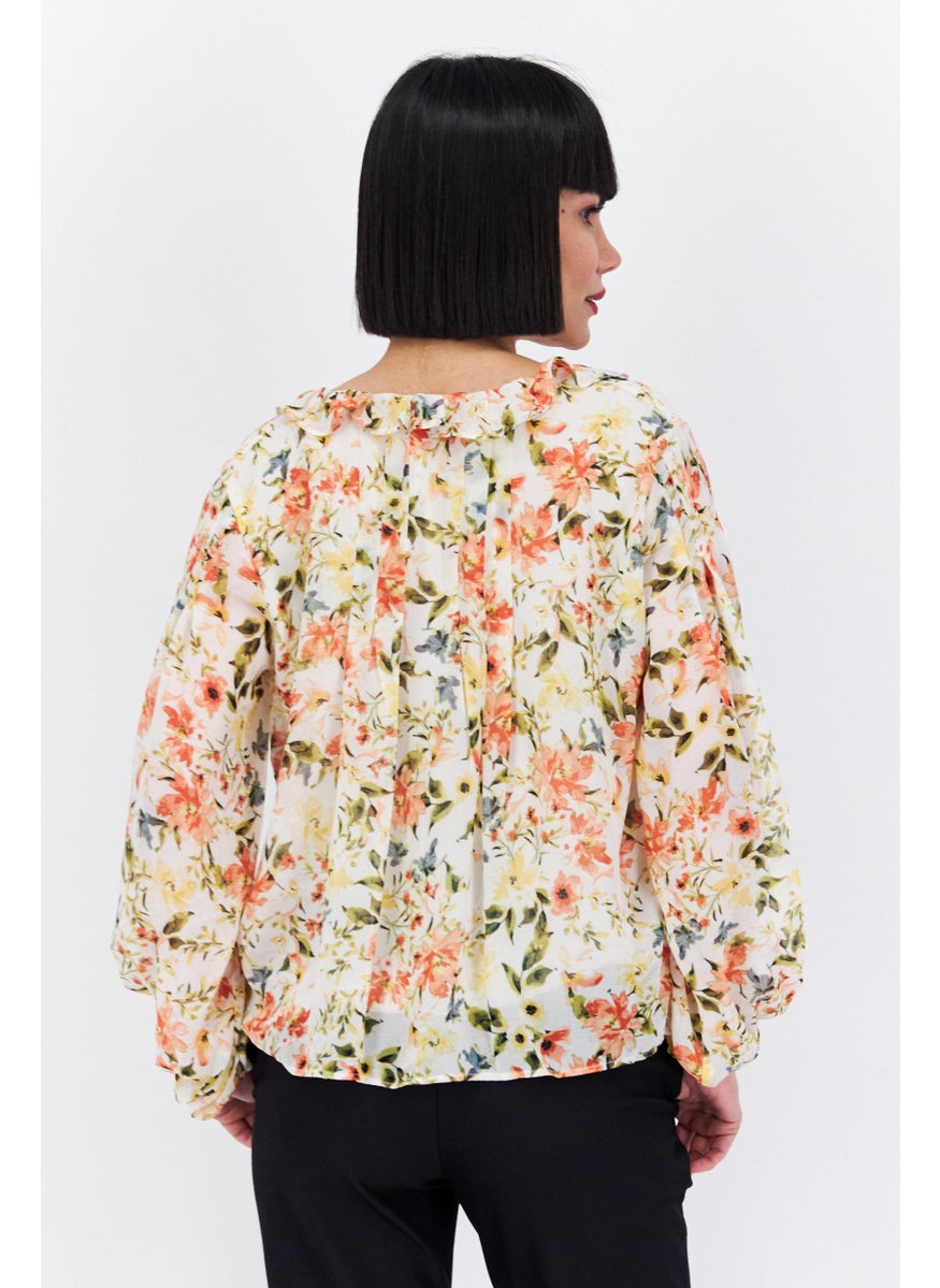 1 State Women V-Neck Long Sleeve Floral Print Blouse, Ivory Combo  - Image 3