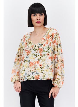 1 State Women V-Neck Long Sleeve Floral Print Blouse, Ivory Combo  - Image 1