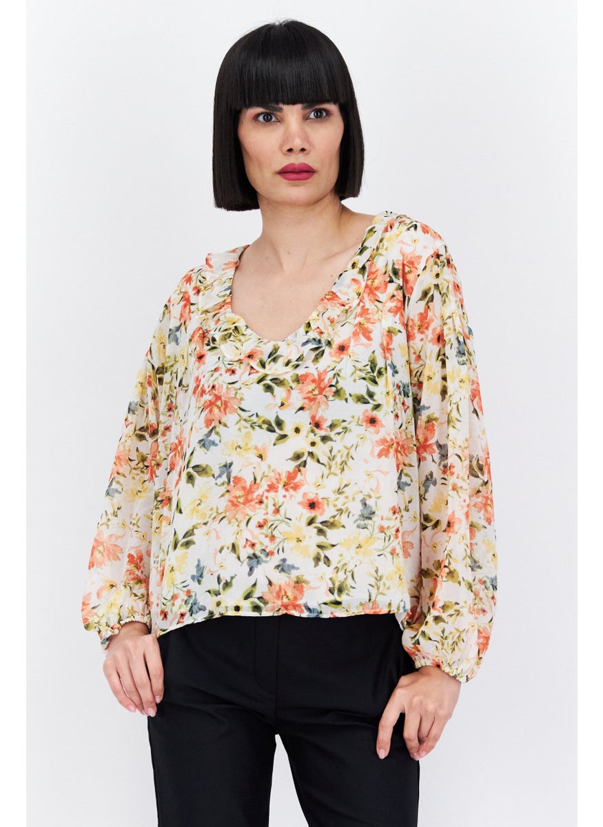 1 State Women V-Neck Long Sleeve Floral Print Blouse, Ivory Combo  - Image 1