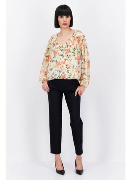 1 State Women V-Neck Long Sleeve Floral Print Blouse, Ivory Combo  - Image 4