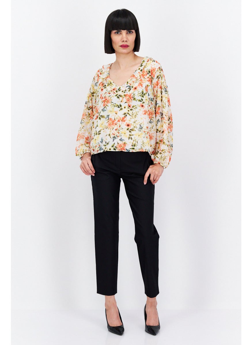 1 State Women V-Neck Long Sleeve Floral Print Blouse, Ivory Combo  - Image 4